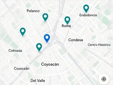 Mapa de la Ciudad de México con perfiles compatibles en Polanco, Roma, Condesa y Coyoacán
